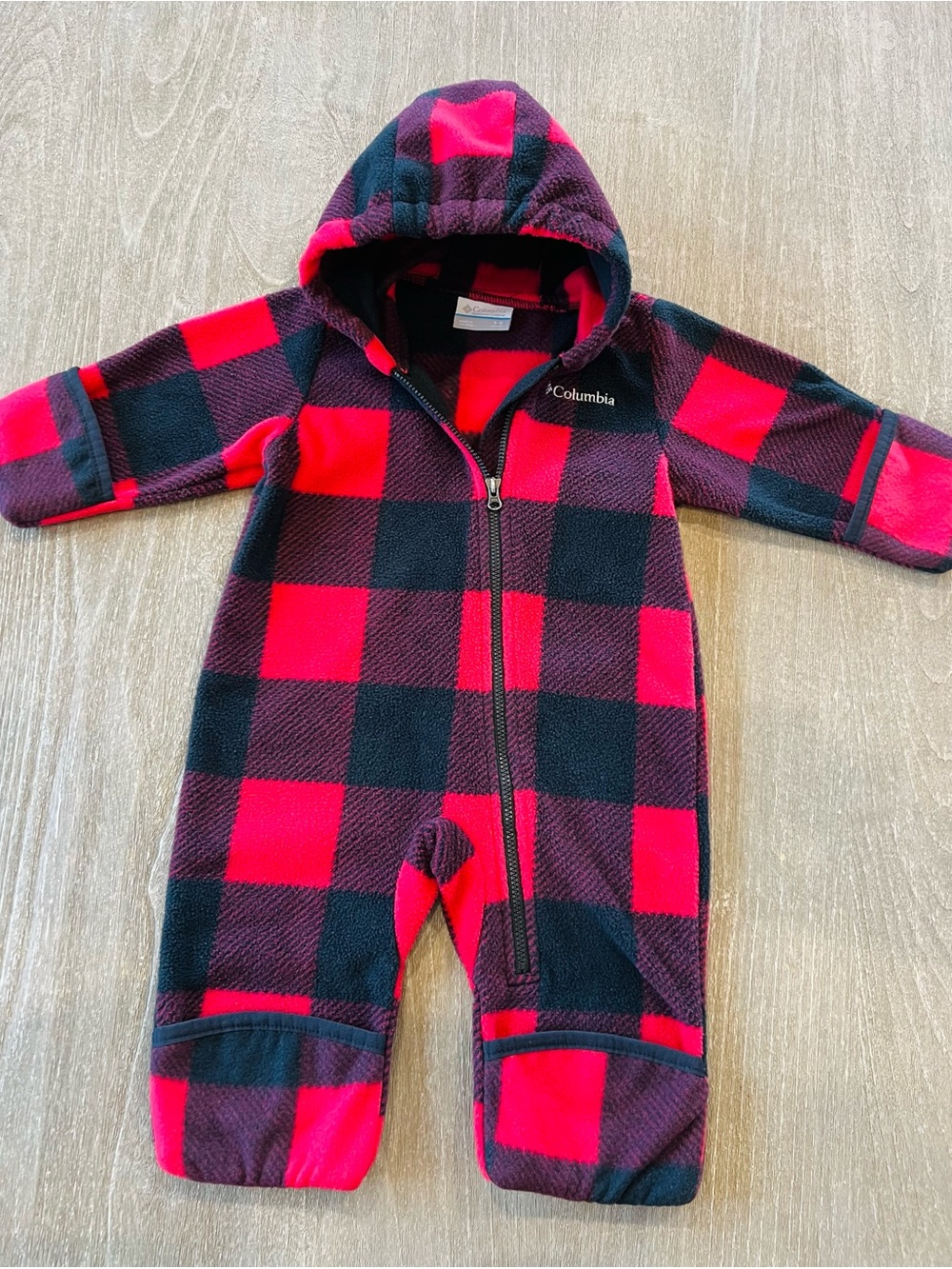 Columbia 6mo NWOT Red & Black Buffalo Plaid Fleece One-Piece Hooded Romper